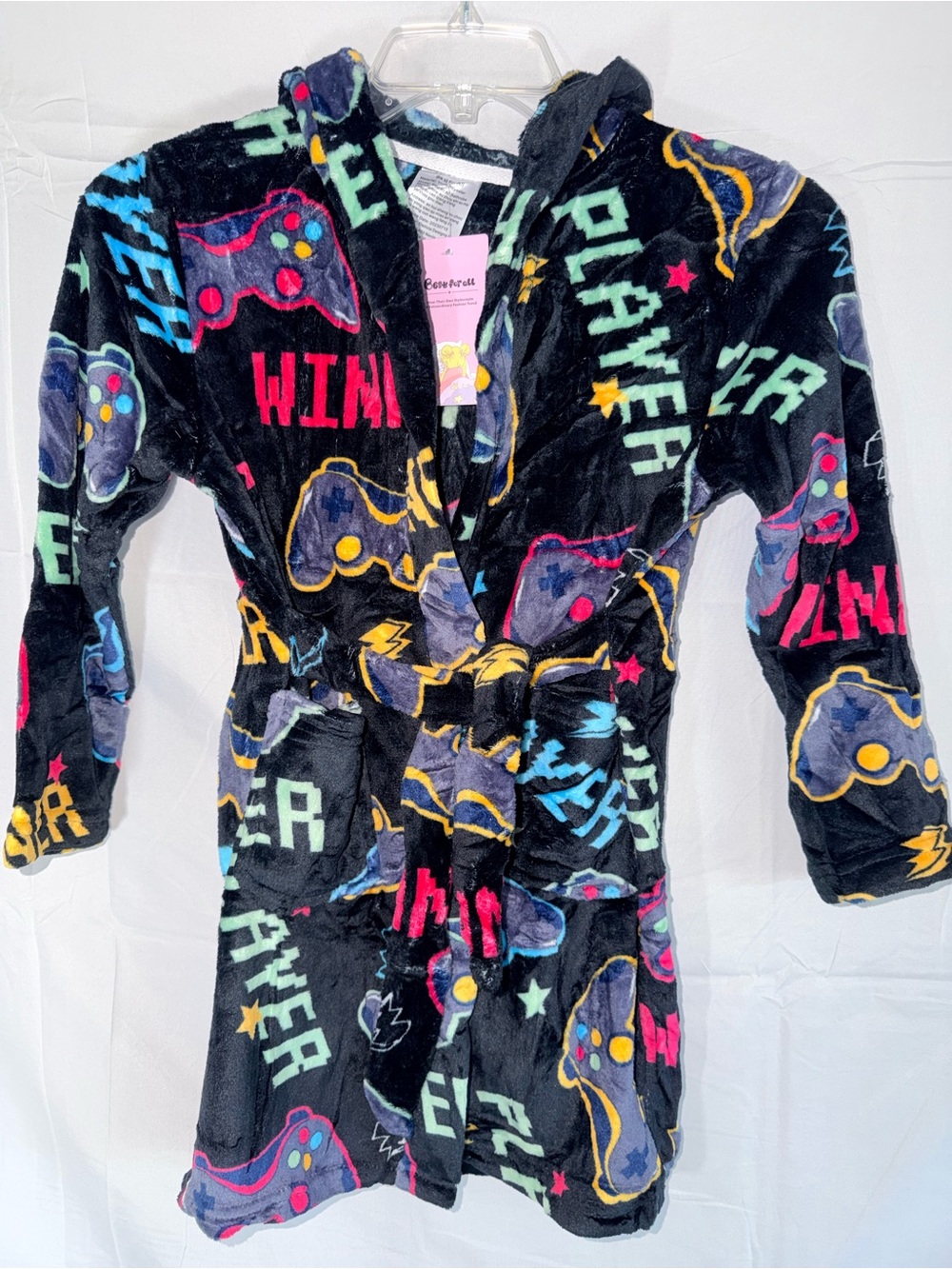 Gamer Controller Plush Hooded Robe - Black with Multicolor Prints